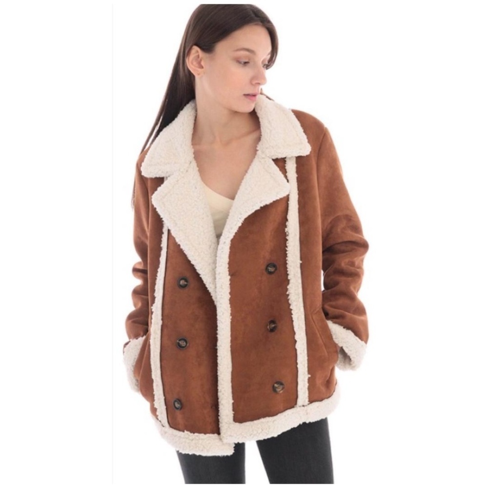 LAST ONE❗SKIES ARE BLUE Chic Faux Saude Sherpa Lined Jacket - Picture 2 of 8